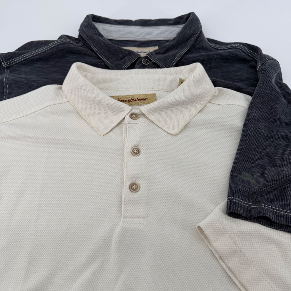 2 Tommy Bahama Polo Shirts Men's XL Grey‎ Cream Emissary Slub Pique Short Sleeve